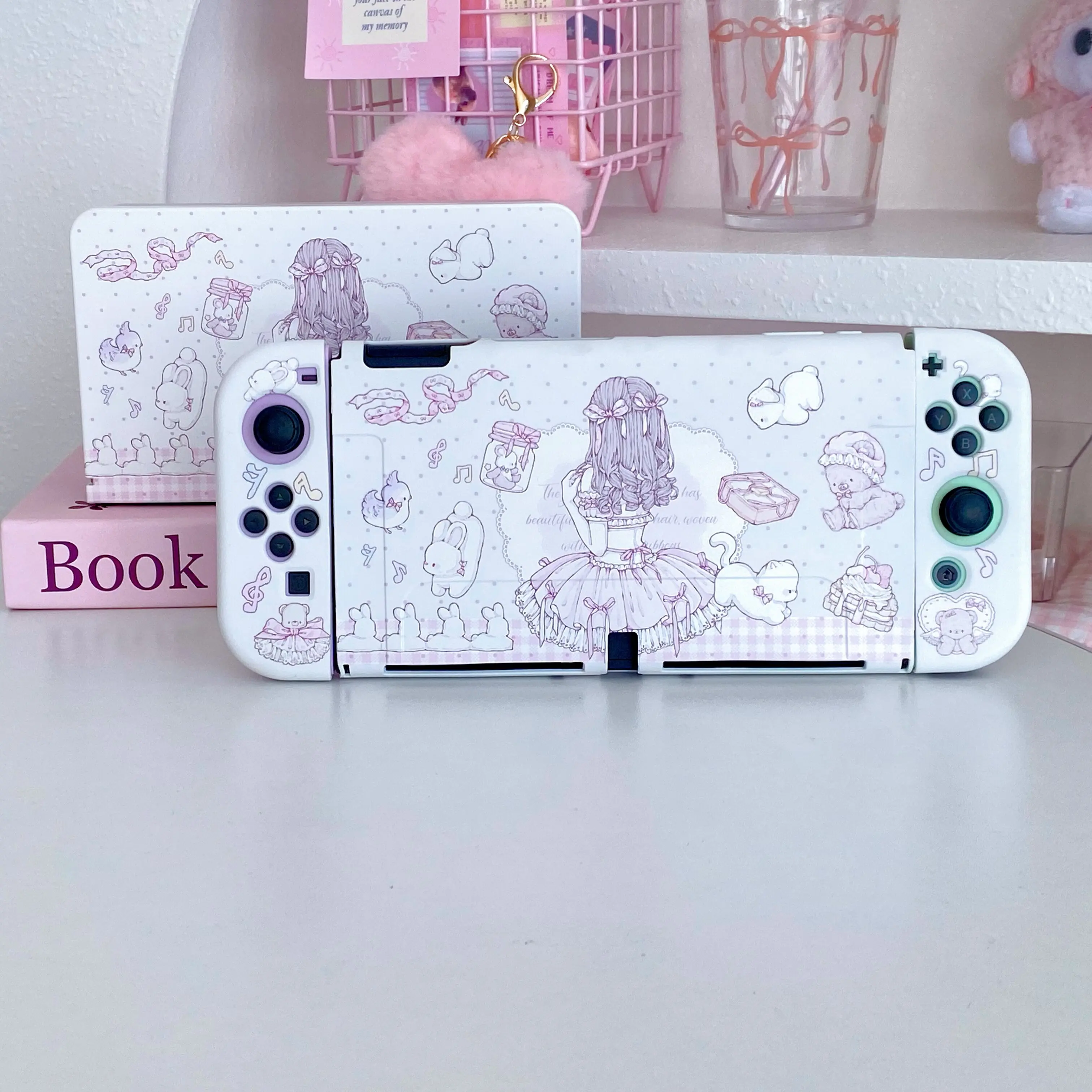 حافظة لجهاز نينتندو سويتش Oled Funda غطاء حماية قابل للإرساء Kawaii Anime Girl مع ملحقات Switch من مادة البولي يوريثان JoyCon
