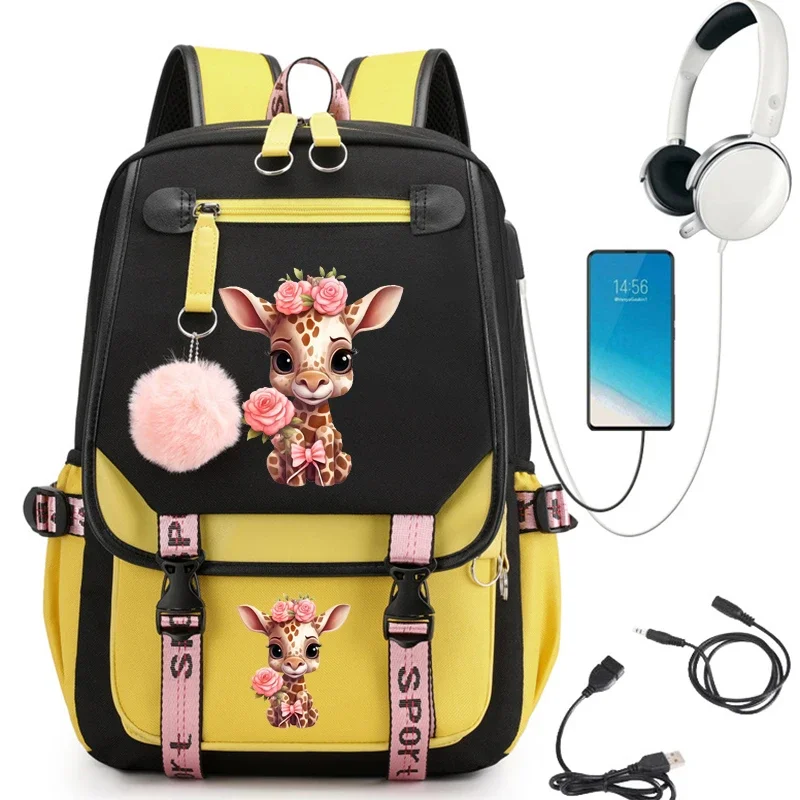 Pink Giraffe Flowers Print Cute Cartoon School Bag for Student Teens Bookbag Anime Laptop Teenager Backpack