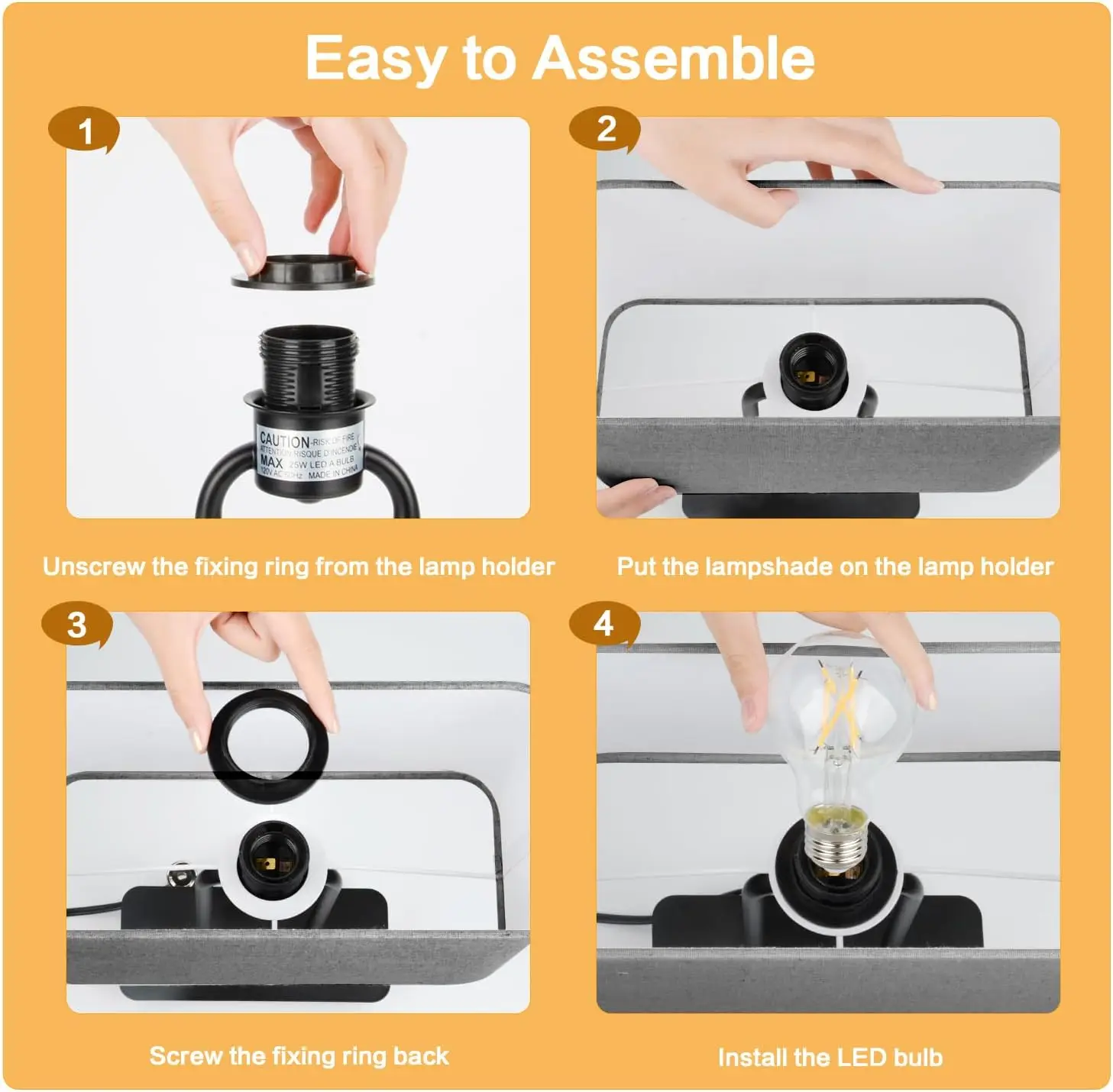 3-Way Dimmable Touch Table Lamp with USB & AC Outlet, Fabric Shade, Metal Base, LED Included, Warm White