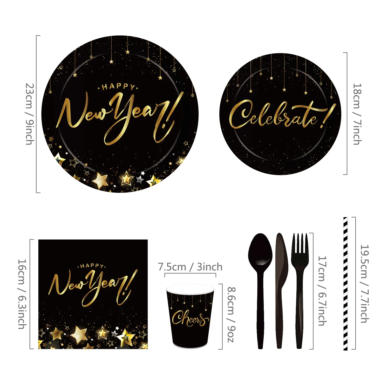 Luxury Gold Black Happy New Year Party Champagne Flames Disposable Tableware Sets Tablecloths Balloons Door Couplet Decorations