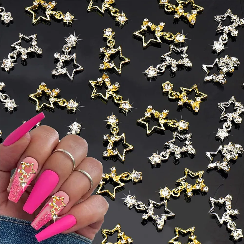 10Pcs/Lot Glitter Rhinestone Pentagram Star Nail Art Charm Metal Alloy Crystal Diamond 3D Star Nail Parts Manicure Accessories #