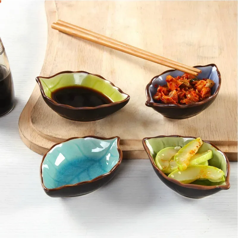 Kitchen Bowl Sauce Boats Leaf Shape Saucer Dish Creative Ice Crack Glaze Leaf Ceramic Seasoning Soy Sauce Vinegar Small Plates