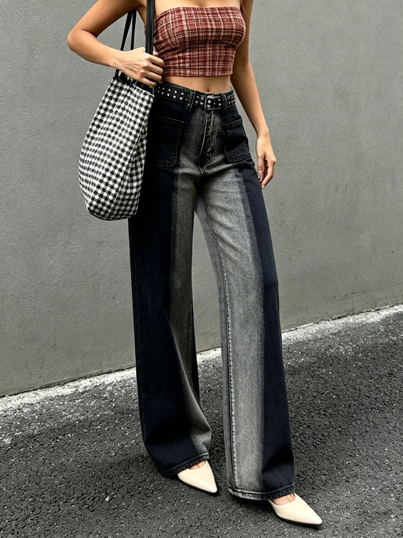 Ladies Gradient Washed Denim Wide Leg Pants Retro Black Gray Contrast Color High Street Hot Girl Floor-Mopping Pants