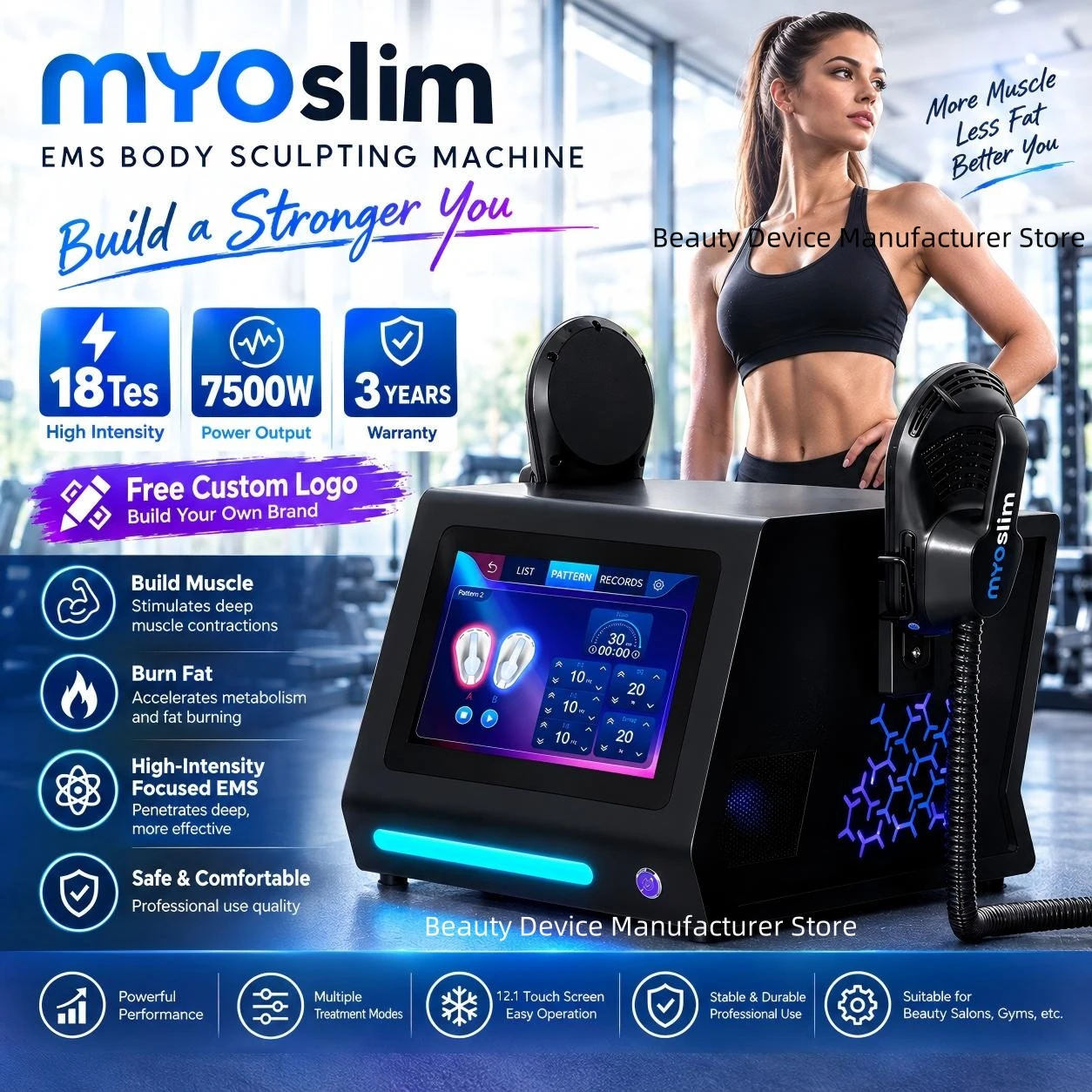 HI-emt EMS Body Shaping Machine 18Tes 7500W Weight Loss Fitness Equipment for Home Workout Personal Body Training Exercise