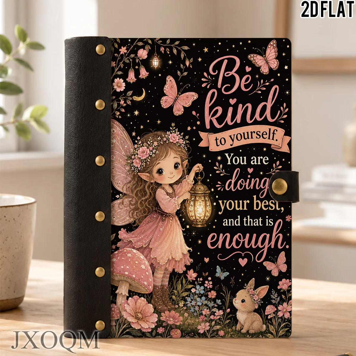 1PC 2DFlat Wooden Notebook, Positive Quote Fairy Butterfly Floral Print, Hardcover,100 Pages With Leather Rivet Craft Decoration