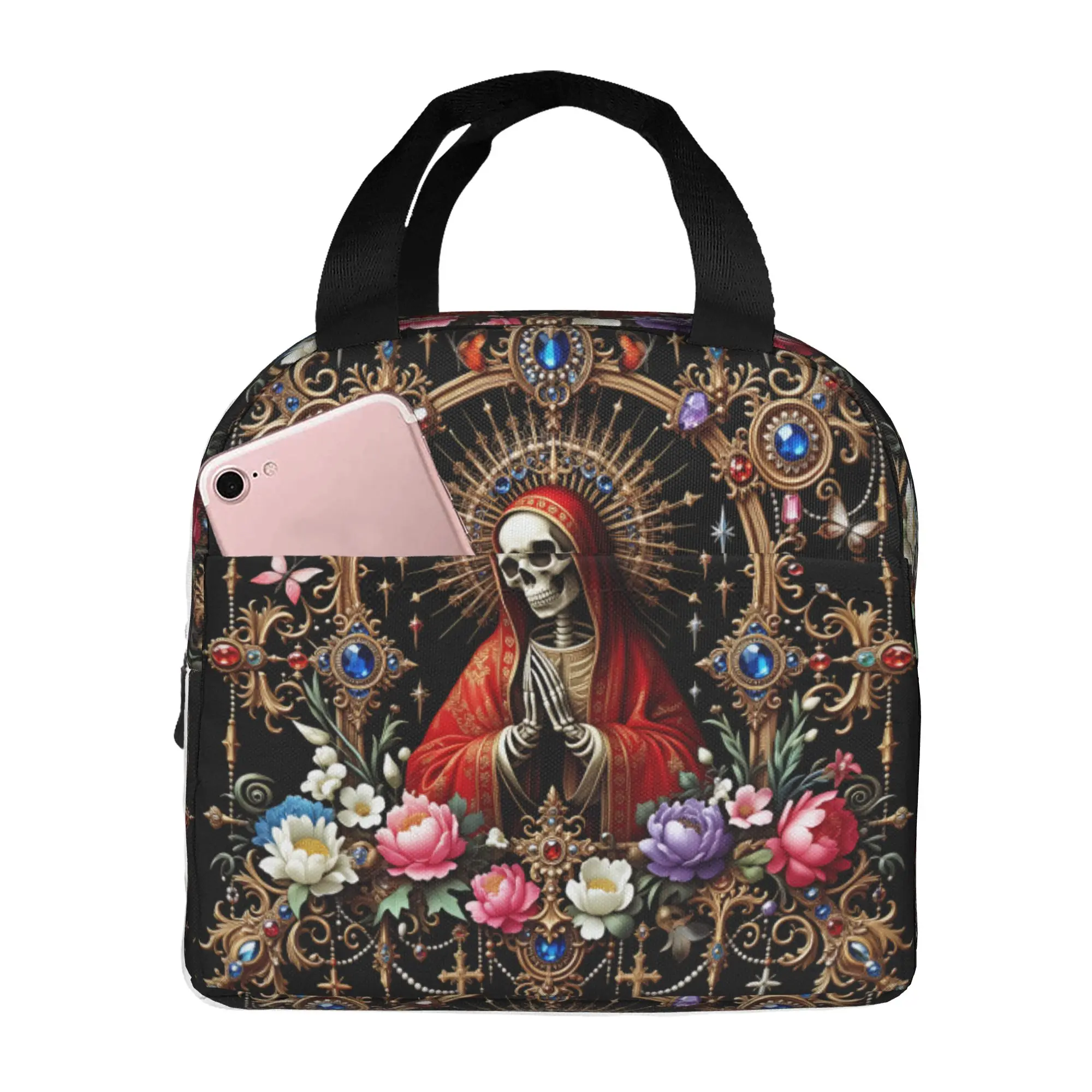 Gothic Praying Skeleton Virgin Mary  Lunch Bag Women Santa Muerte Mexican Cooler Thermal Insulated Lunch Boxes for Adult Office