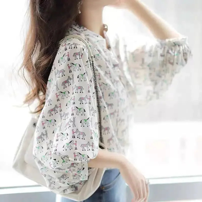 

Fashion O-Neck Button Printed Chiffon Lantern Sleeve Shirt Female Clothing Summer New Casual Tops Loose Office Lady Blouse X815