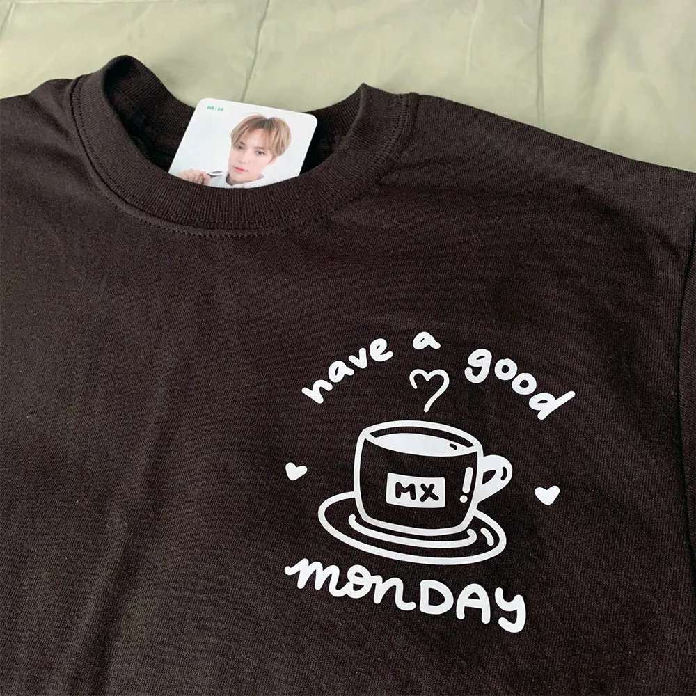 

Have a good Monday Pocket Printing Kpop T Shirts Women Short Sleeve Loose Coffee Tops Summer Fashion Casual Graphic Tees