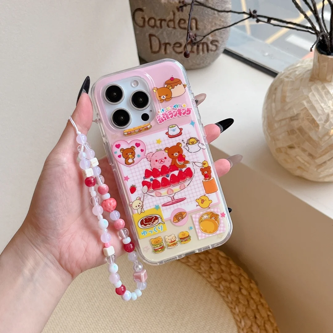 

Fun Cartoon Strawberry fruit juice Little Bear with Phone Accessory Lanyard Case for iPhone 16 15 14 13 Pro Max Back Cover Funda