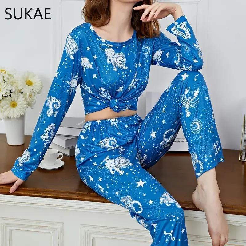 New Christmas Cartoon Nightwear Autumn Winter Pjs New Thin Women Pajamas Set Round Neck Long Sleeves Pijamas Casual Sleepwear