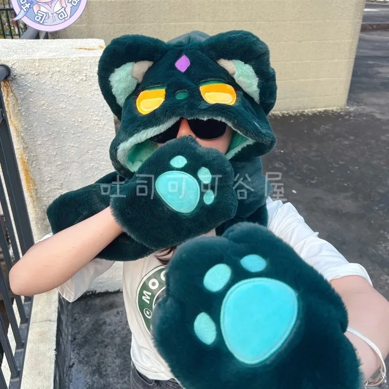 Аниме Genshin Impact Balladeer Xiao милый кот Косплей Теплый осенне-зимний плюшевый шарф защитные теплые перчатки Комплект из трех предметов