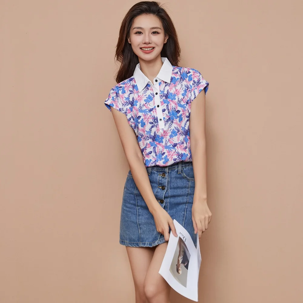 Women Spring Summer Style Blouses Shirt Lady Casual Short Sleeve Turn-down Collar Printed Casual Loose Tops