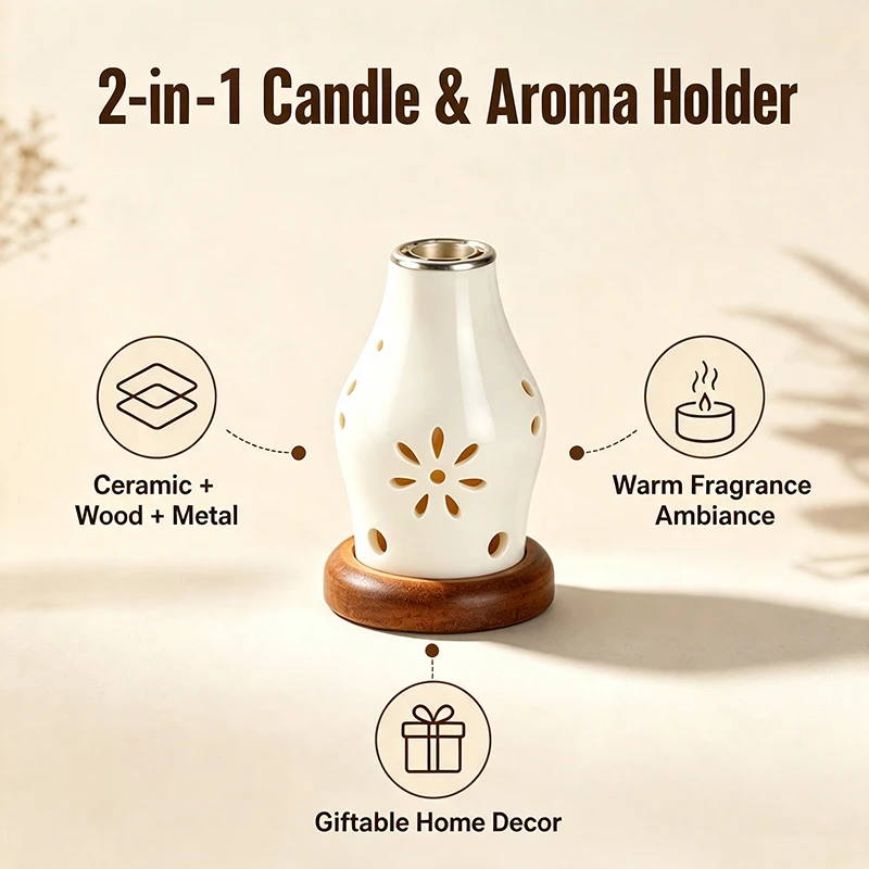 Keramik-Kerzenhalter mit Holzsockel, Aromatherapie-Räuchergefäß für Yoga, SPA und Aromatherapie – Detail 1