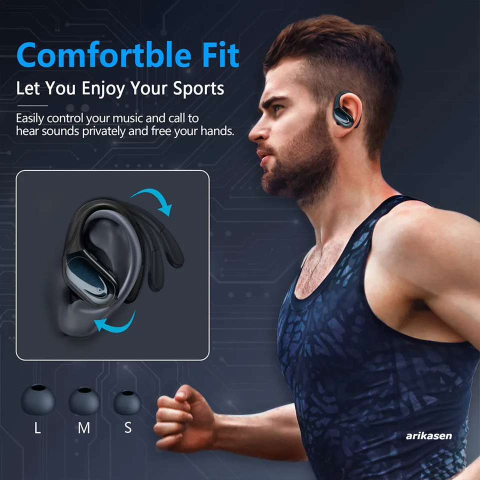 Mysic Cuffie Bluetooth 5.3 Sport Con Gancio Auricolare, ENC Cancellazione Rumore, IPX7, 60 Ore Riproduzione E Display LED