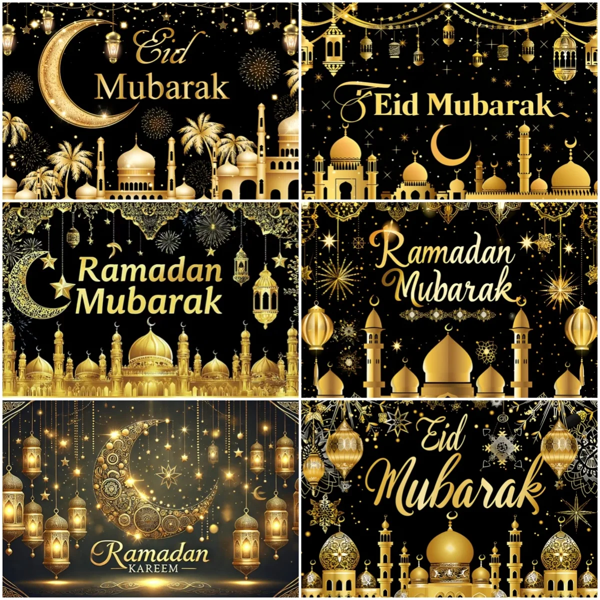 

Eid al Fitr Ramadan Party Backdrop Supplies Mubarak Background Islamic Mosque Lantern Moon Banner Decorations Photo Prop Studio