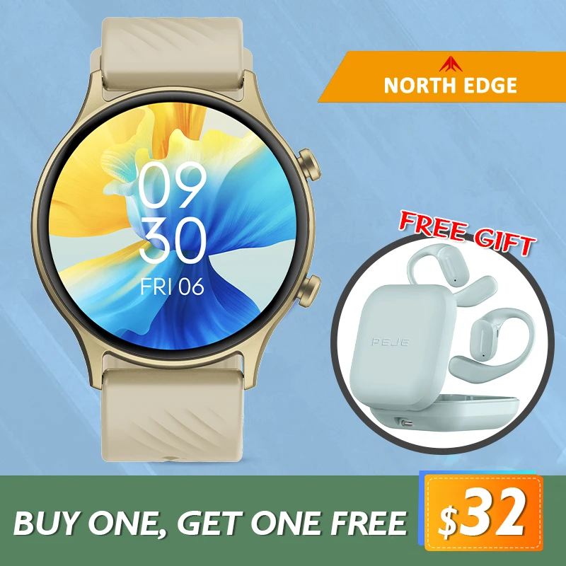 NORTH EDGE Reloj inteligente Llamada Bluetooth para hombres Auriculares inalámbricos de oído abierto Cancelación activa de ruido Auriculares OWS Compre uno y llévese otro gratis