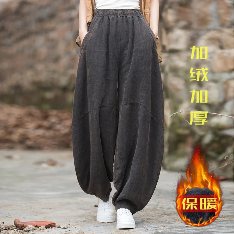 Ramie Fried Color Distressed Fleece-lined Thick Bloomers Spring Cotton Linen Women's Clothing New Meditate Zen Trousers Pants