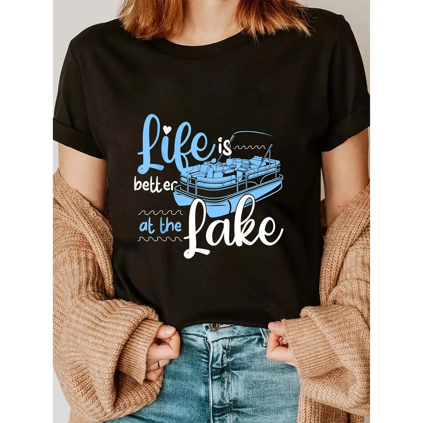 

Women's 180g Cotton Short Sleeve T-Shirt - Soft Breathable Casual Round Neck Pullover with "Life is Better at the Lake" Graphic