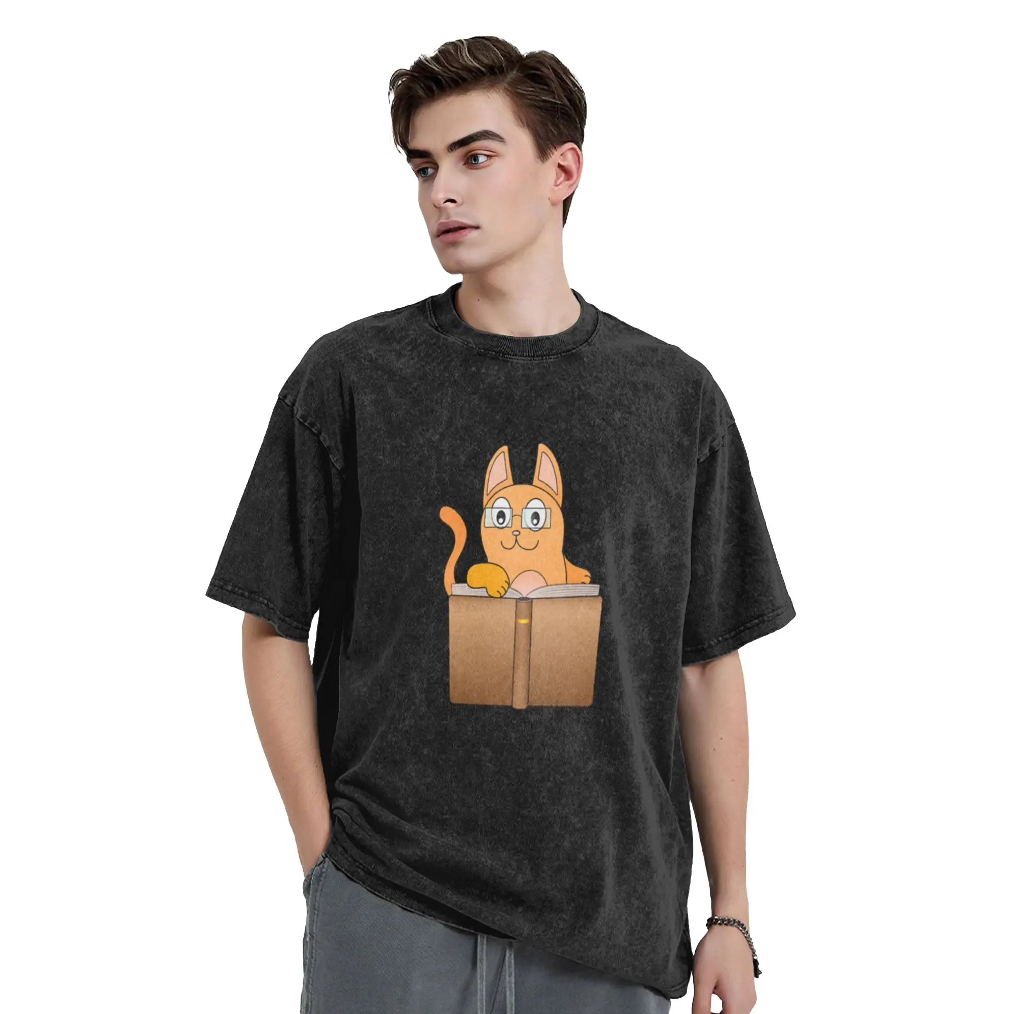 A red cat in glasses is reading a book  Unique Comfort A Washed T Shirt Men's Oversized Cotton Tees Tops