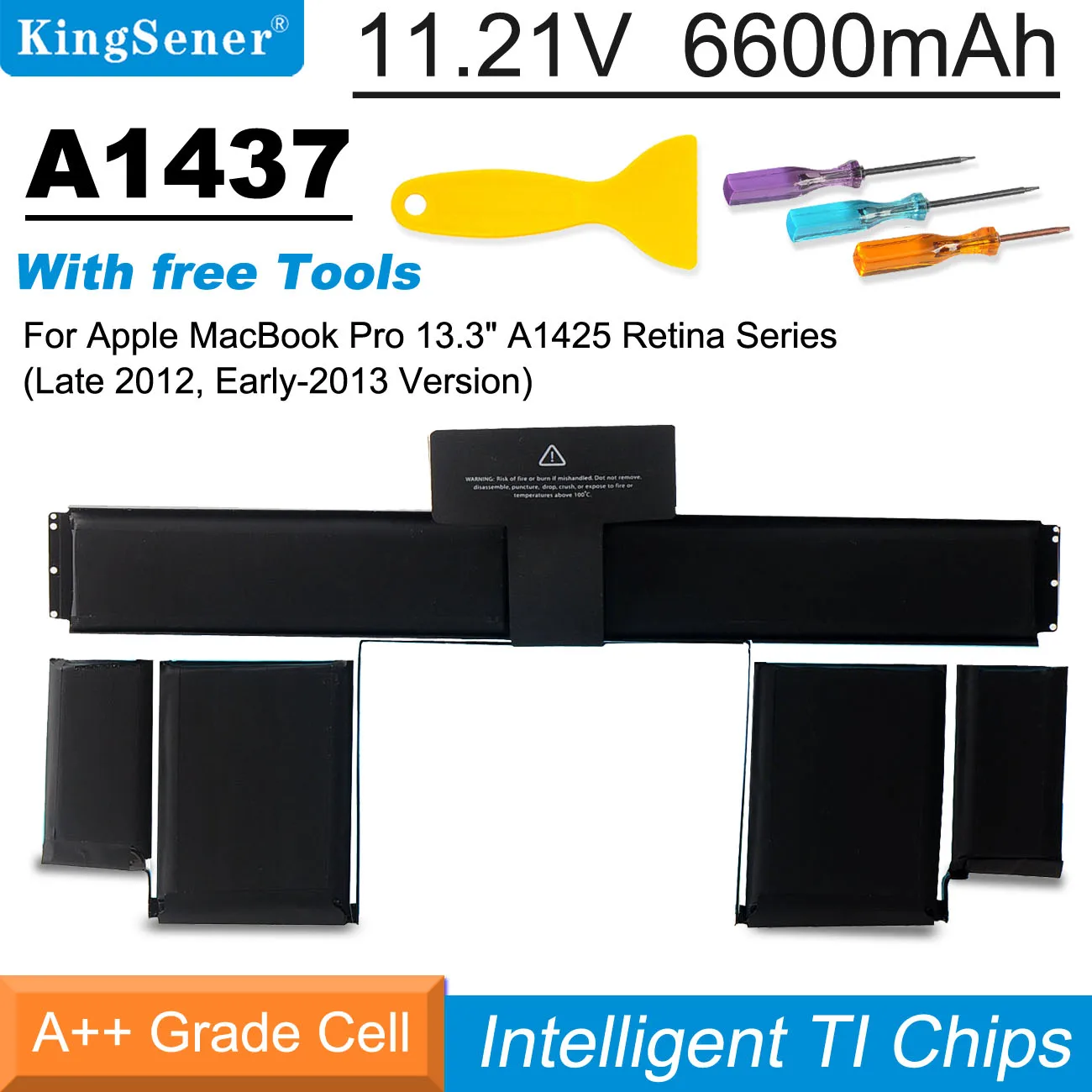 

KingSener A1437 Laptop Battery For Apple MacBook Pro 13" Retina A1425 Late 2012 Early 2013 11.21V 6600mAh/74WH Free Tools