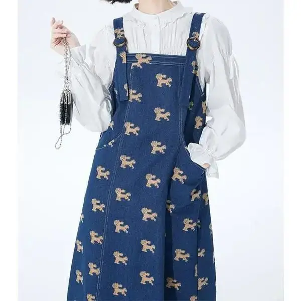 Sweet Puppy Print Denim Strap Skirt Holiday Backless All-Match French Style Casual Summer A-Line Girlish Aesthetic Popular