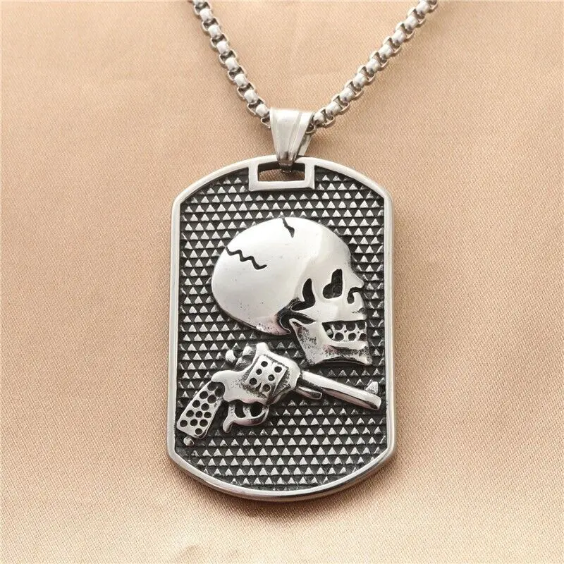 Men's Large Heavy Skull Gun Stainless Steel Pendant Necklace Chain