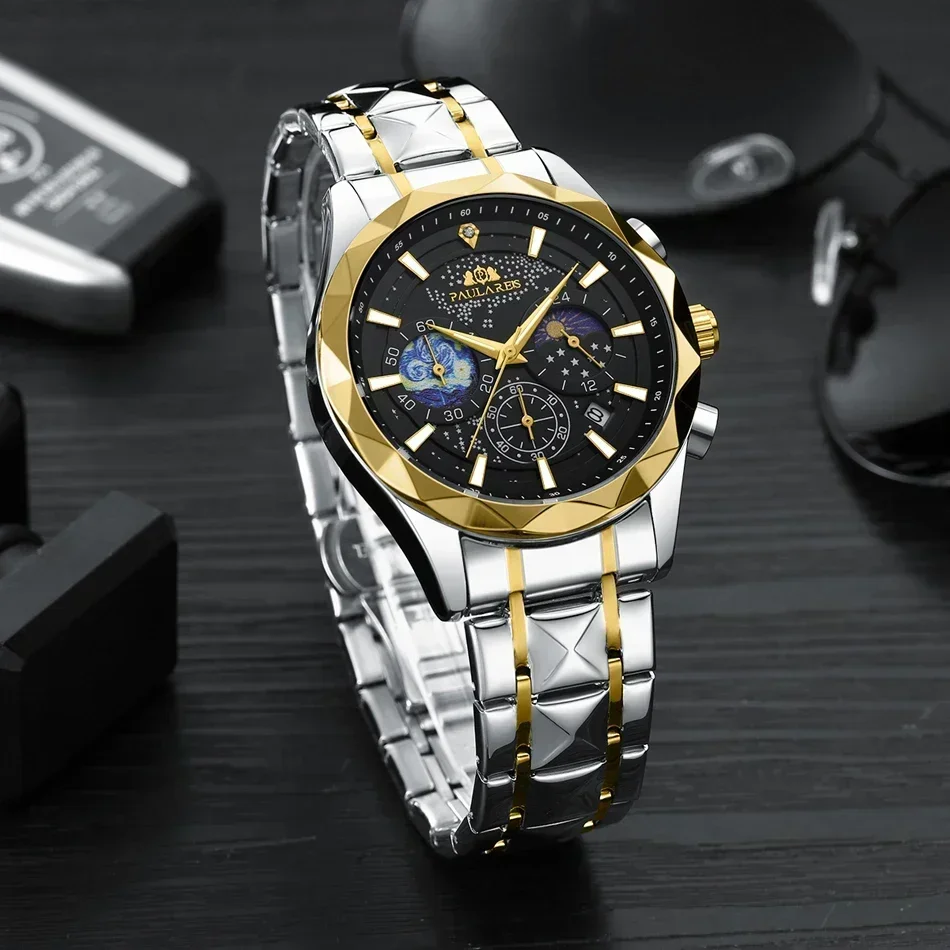 Luxury Watches for Men Luminous Chronograph Gold Blue Starry Sky Quartz Casual Diamond Shaped Bezel Stainless Steel Reloj Hombre