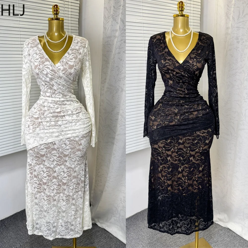 เดรสทรงบอดี้คอนผ้าลูกไม้สไตล์ฝรั่งเศส HLJ สำหรับผู้หญิง คอวีเว้า แขนยาว แฟชั่นสตรีทแวร์ รุ่นใหม่ ปี 2025