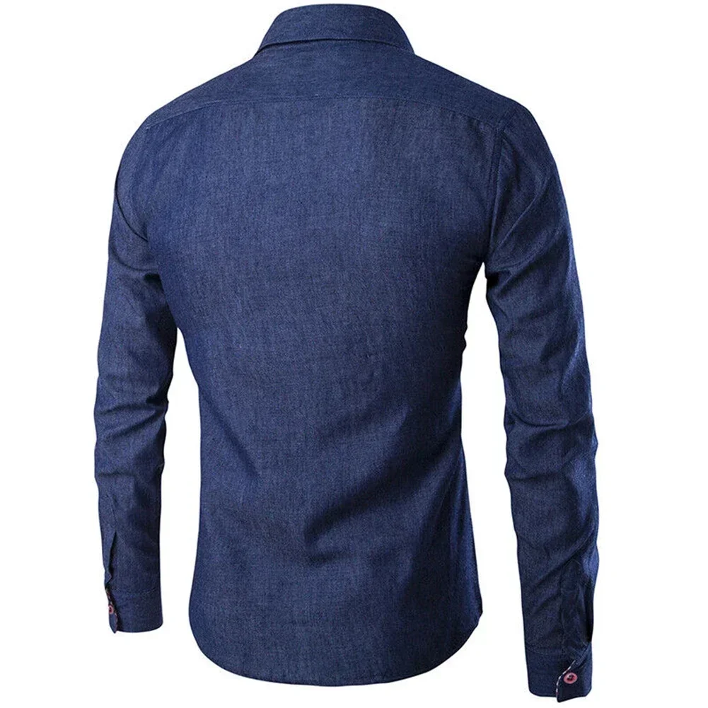 Autumn Mens Pocket Panel Long Sleeve Shirt Jean Versatile Slim Fit Shirt Dress Shirts Cotton Linen Blouse Button Down Casual Top