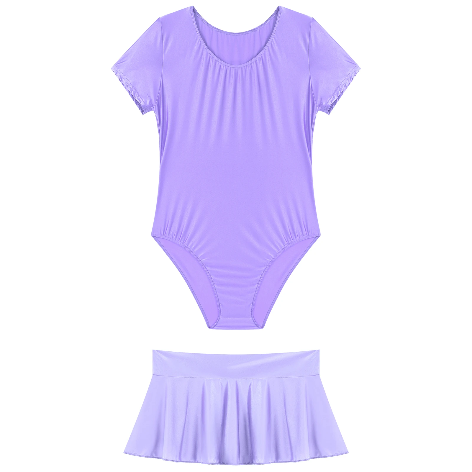 Women Glossy Swimsuit Short Sleeve High Cut Leotard with Low Rise Ruffled Miniskirt Pool Party Beachwear Pole Dancing Clubwear