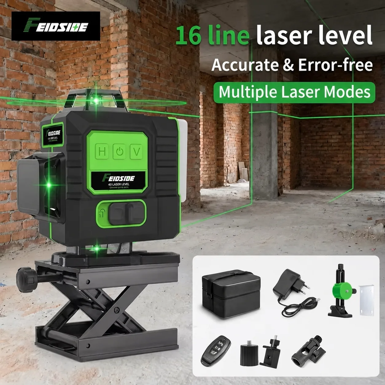 Industrial Laser Level - FEIDSIDE 16/12ライン グリーンレーザーレベル 360 ° 自動水平調整機能付き超高輝度3Dビーム、あらゆる屋内および屋外建設プロジェクトに最適