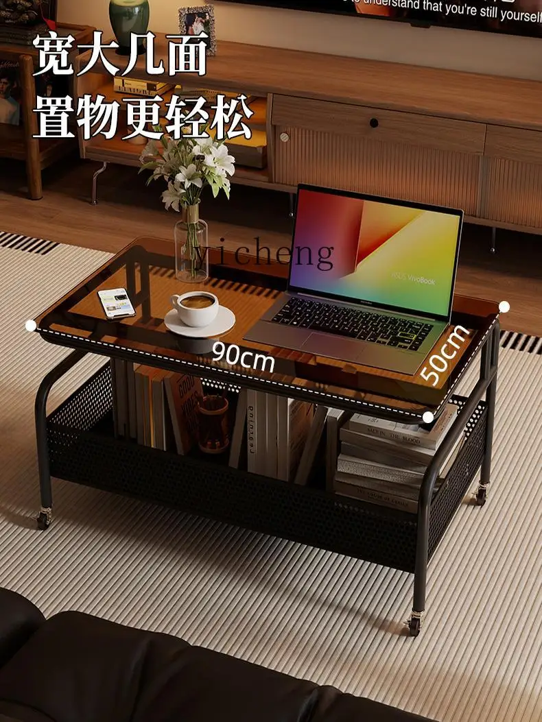 ZK  glass coffee table double-layer mobile living room  with wheel tea table rectangular wrought iron retro tea table