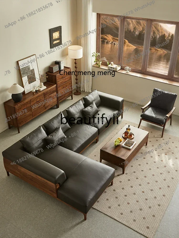 D96  North American black walnut solid wood sofa Nordic princess sofa living room corner leather sofa view 2