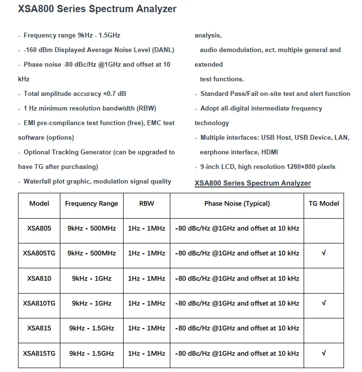 OWON-High Frequency Spectrum Analyzer XSA Series XSA805 810 815 Digital Spectrum Analyzer, 9 Inch LCD, 1Hz Resolution Bandwidth