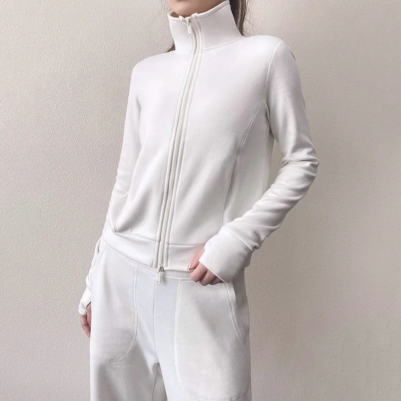 New Autumn and Winter Minimalist Stand Up Collar Slim Fit Double Zipper Running Sports Jacket Women Yoga Suit Hoodie Gym Top