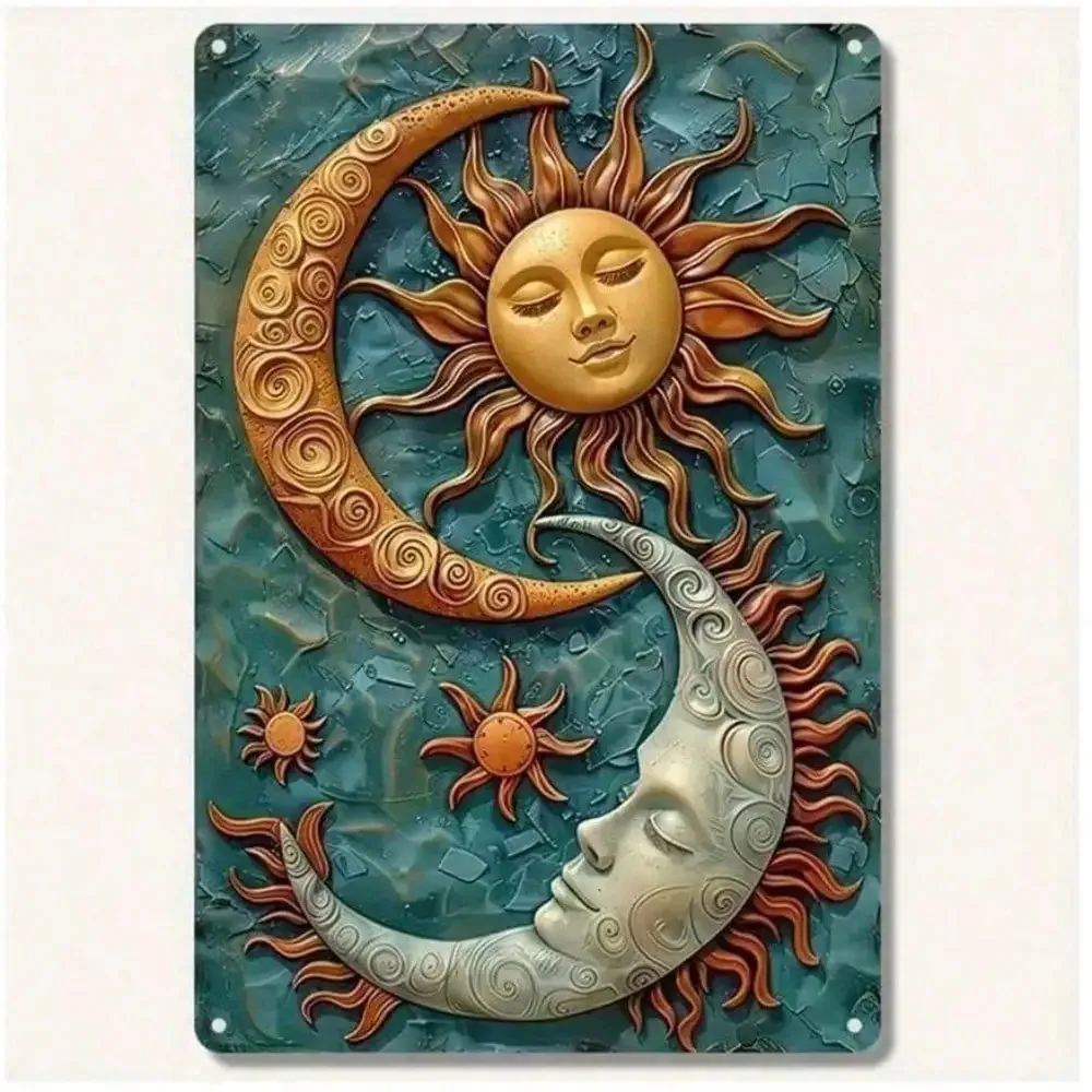 Vintage Celestial Moon and Sun Metal Sign 8x12 Inch, Decorative Tin Wall Art for Galaxy-Themed Home Decor, Perfect for Bedroom
