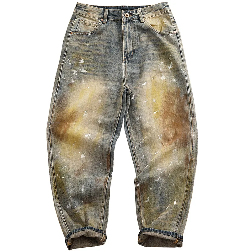 جينز مستقيم الساق فضفاض ثقيل الوزن للخريف والشتاء للرجال، سروال جينز عتيق مصنوع من الحبر المرقط