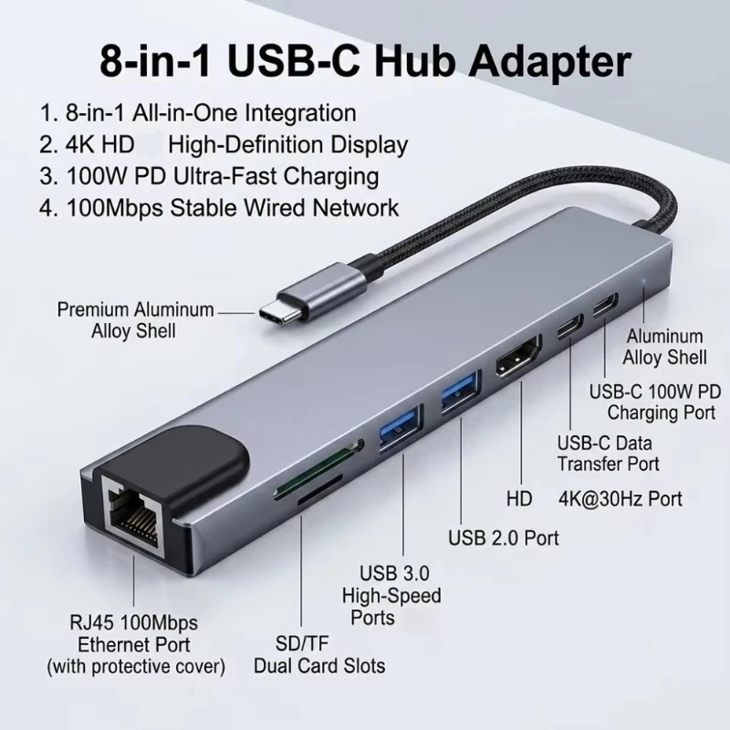 8‑Port Type‑C Docking Station 4K HDTV RJ45 Gigabit SD TF Card Reader PD Fast Charge for Notebook MacBook