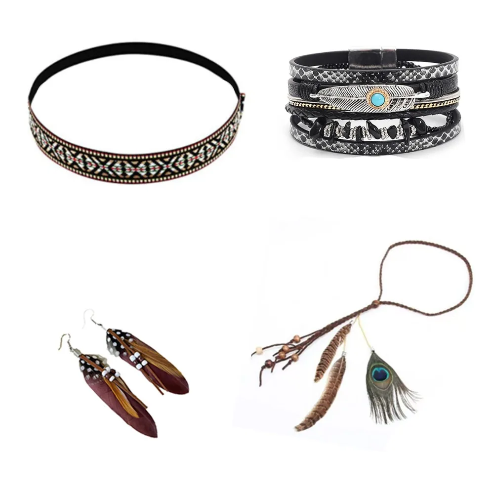 PESENAR Native American 4-Piece Jewelry: Woven Choker, Braided Bracelet, Feather Hairpin, Tassel Earrings - Tribal Boho