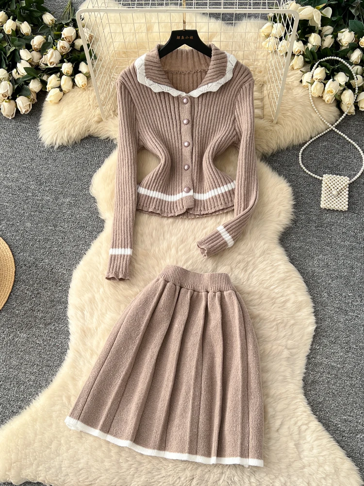 

Elegant Autumn Fashion Knitted Long Sleeve Collared Open Cardigan And Pleated Skirt Two-Piece Set for Women High Waist