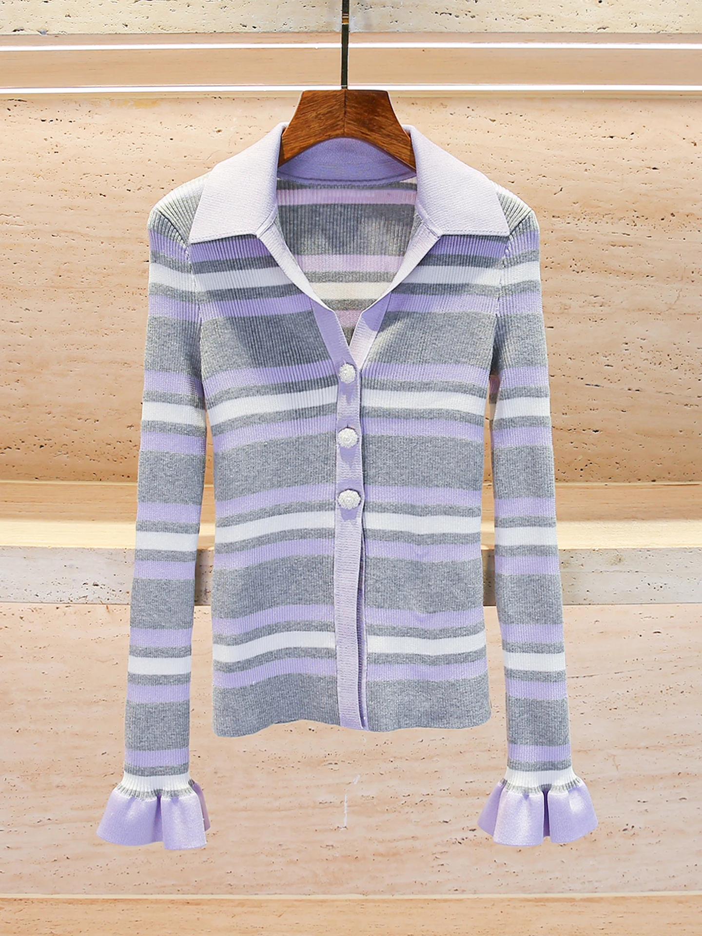 

Sweet Preppy Sle Striped Knitted Open Cardigan Top for Women Ele Button up Long Sve irt Length Regular Chinese
