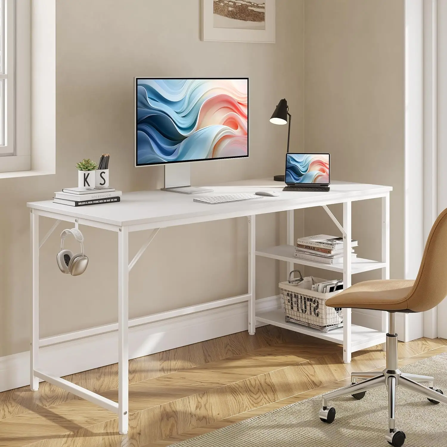 JOISCOPE Home Office Computer Desk with Wooden Storage Shelf,Office White Desk and Gaming Table with Splice Board,2-Tier Industr