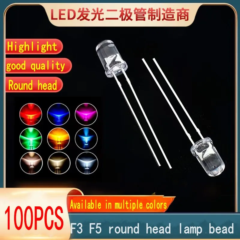 

100PCS F3 3mm F5 5mm Round White Red Blue Warm Pink UV Water Clear Led Super Bright Ligte Emitting Diodes 10000k Lamp beads Bulb