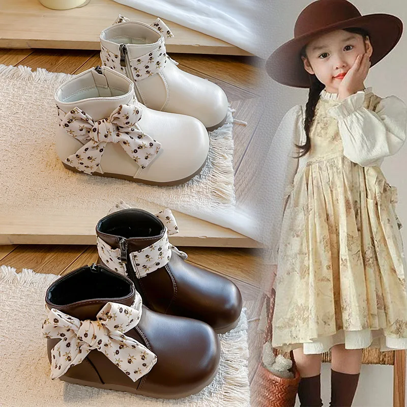 Girls' Foreign Style Bow Princess Boots Winter Autumn New Little Girl Soft Sole Lightweight Short Fashion Boots