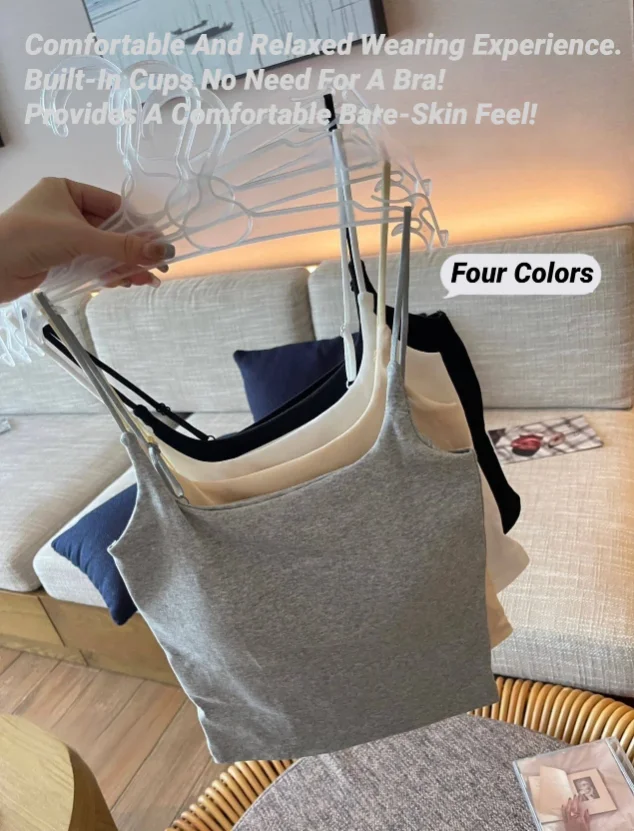 CHUANGERM Damen Einfaches Tanktop, schmal geschnittenes Trägertop, Weste, Oberbekleidung, Unterwäsche mit Brustpolster für Mädchen – Detail 5