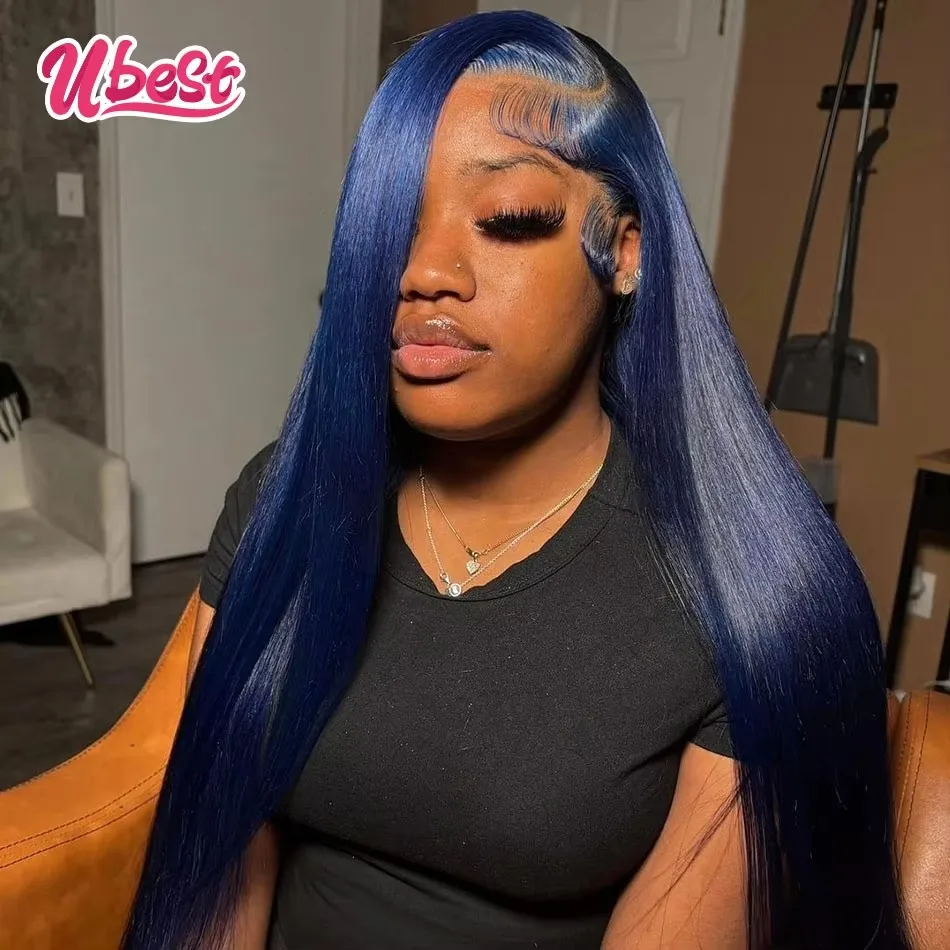 

Ubest 13X6 Transparent Lace Front Wigs Straight 100％ Human Hair Dark Blue Colored 5X5 Lace Closure Wig Pre Plucked For Women