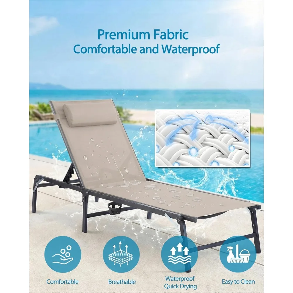 

2 Pack Foldable Chaise Lounge Chair with Cup Holder, Assemble-Free Outdoor Lounge Chair with Detachable Pillow, Customized
