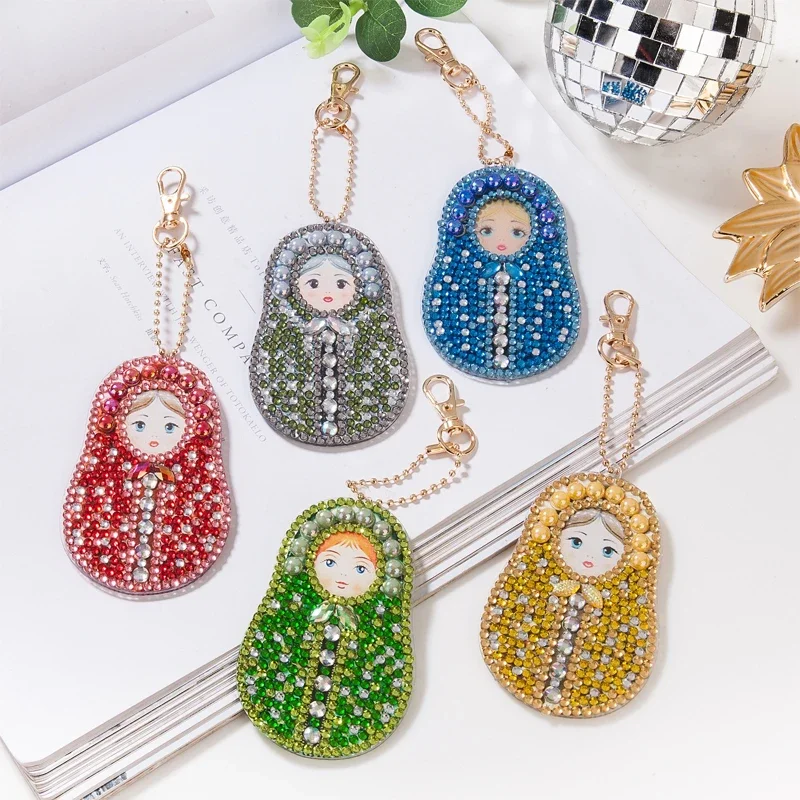 5pcs/Sets Diamond Painting Pendant Keychain Christmas Matryoshka Female Bag Pendant Round Diamond Shaped Diamond Key Ring Gift