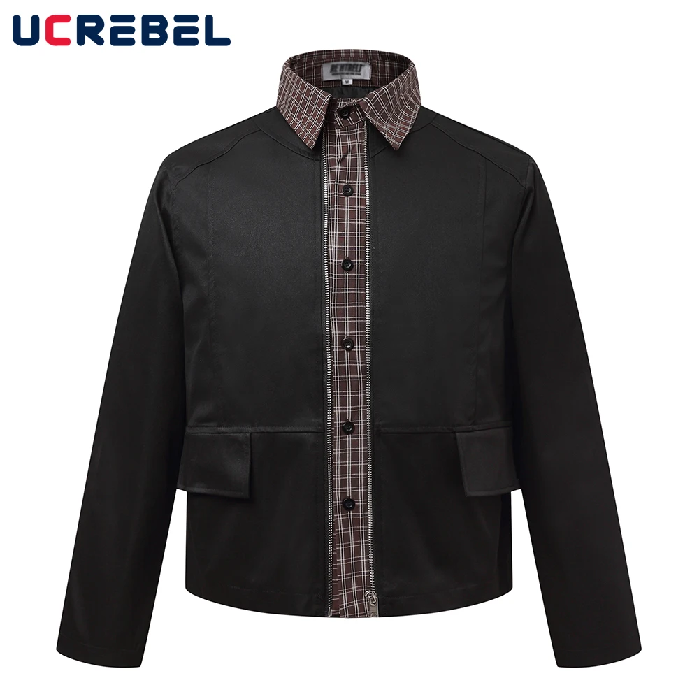 

Spliced Fake two-piece Jacket Mens Zipper Decoration Autumn High Street Loose Lapel Long Sleeve Outerwear Man