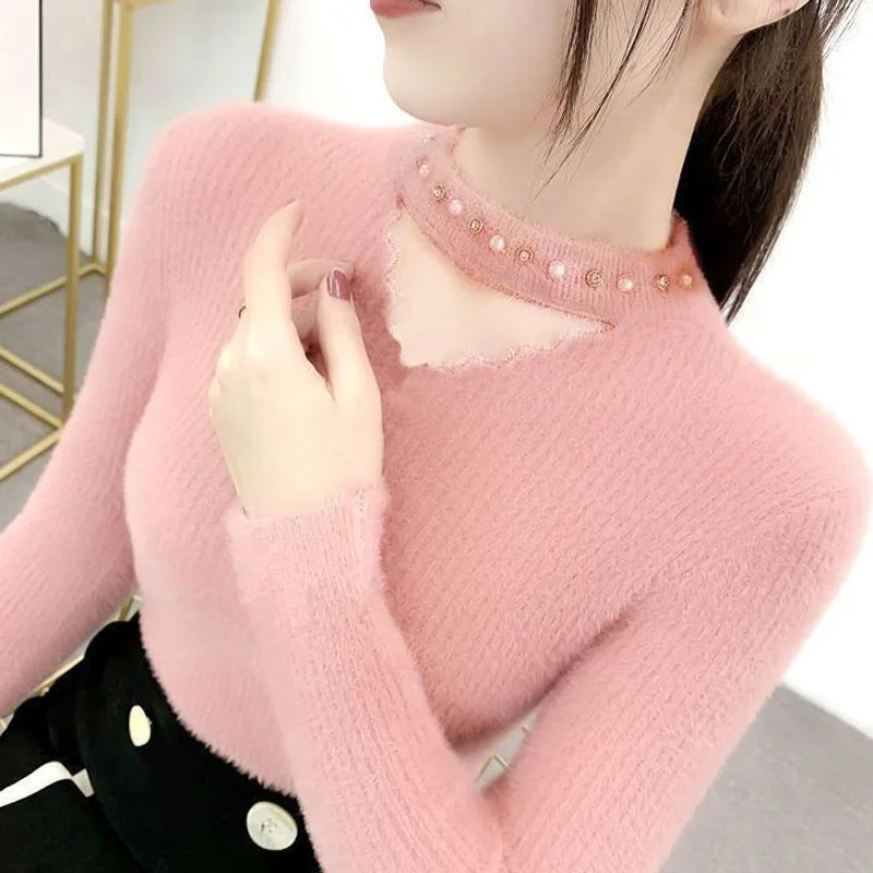 2023 New Autumn and Winter Fashion Upscale Mink Plush Diamond Sweater Temperament Commuter Women's Slim Fit Versatile Top